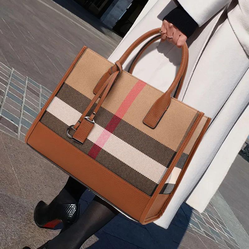 Aidrani mode Plaid toile femmes sac à main classique polyvalent grande capacité peau de vache unique