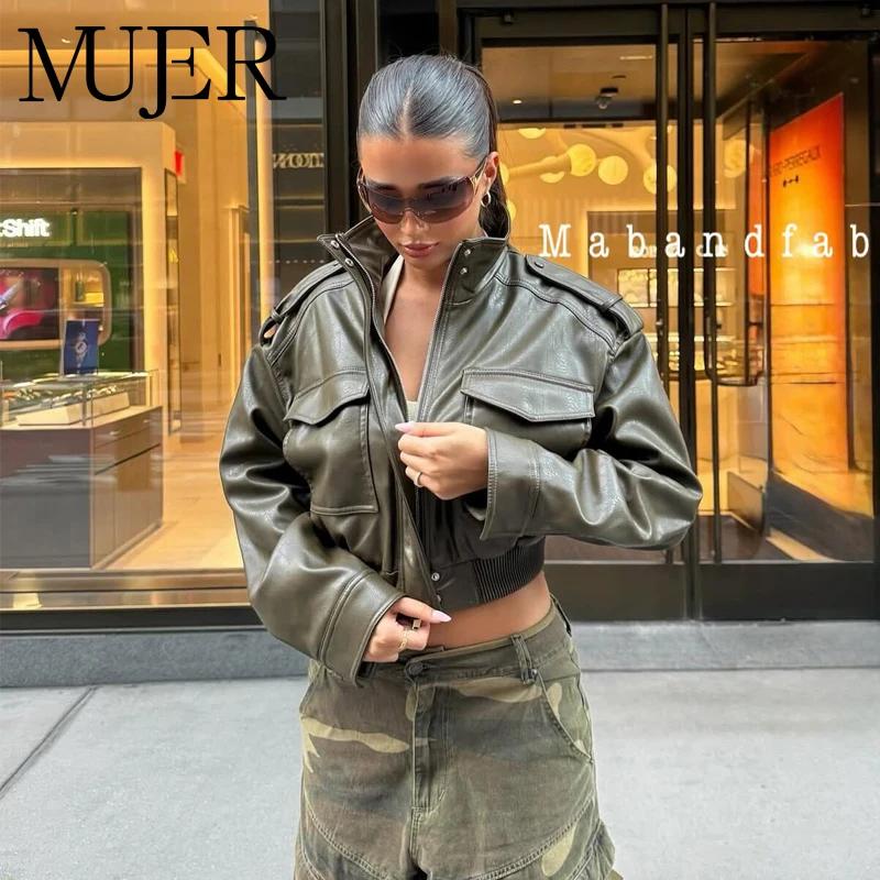 MUJER Faux cuir recadrée veste femmes Bomber Demi-saison vestes pour femmes à manches longues femmes