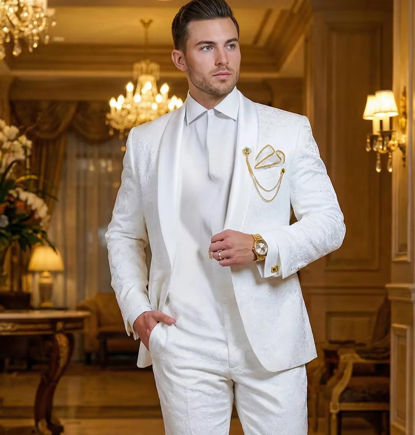 Smokings de marié blancs à motif, revers en satin, costumes pour hommes 2 pièces, mariage, marié