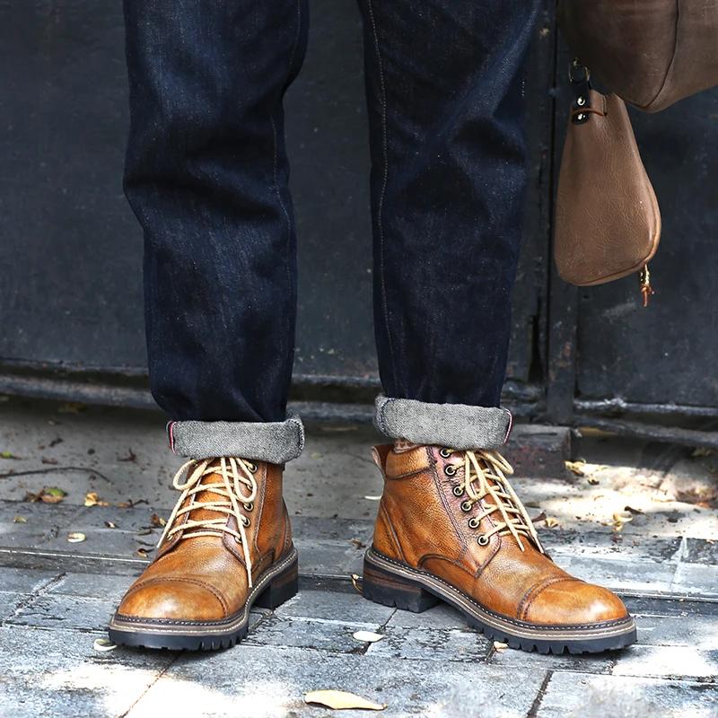 Bottes de combat Goodyear Welt pour hommes, en cuir vieilli britannique vintage à tige haute avec se