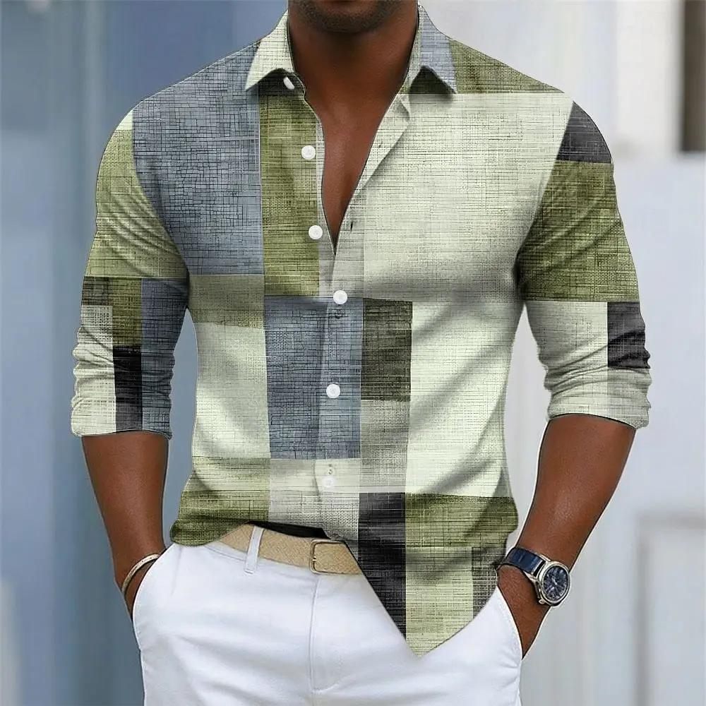 Chemise à manches longues à imprimé rétro à carreaux pour hommes, devant boutonné pour un usage quot