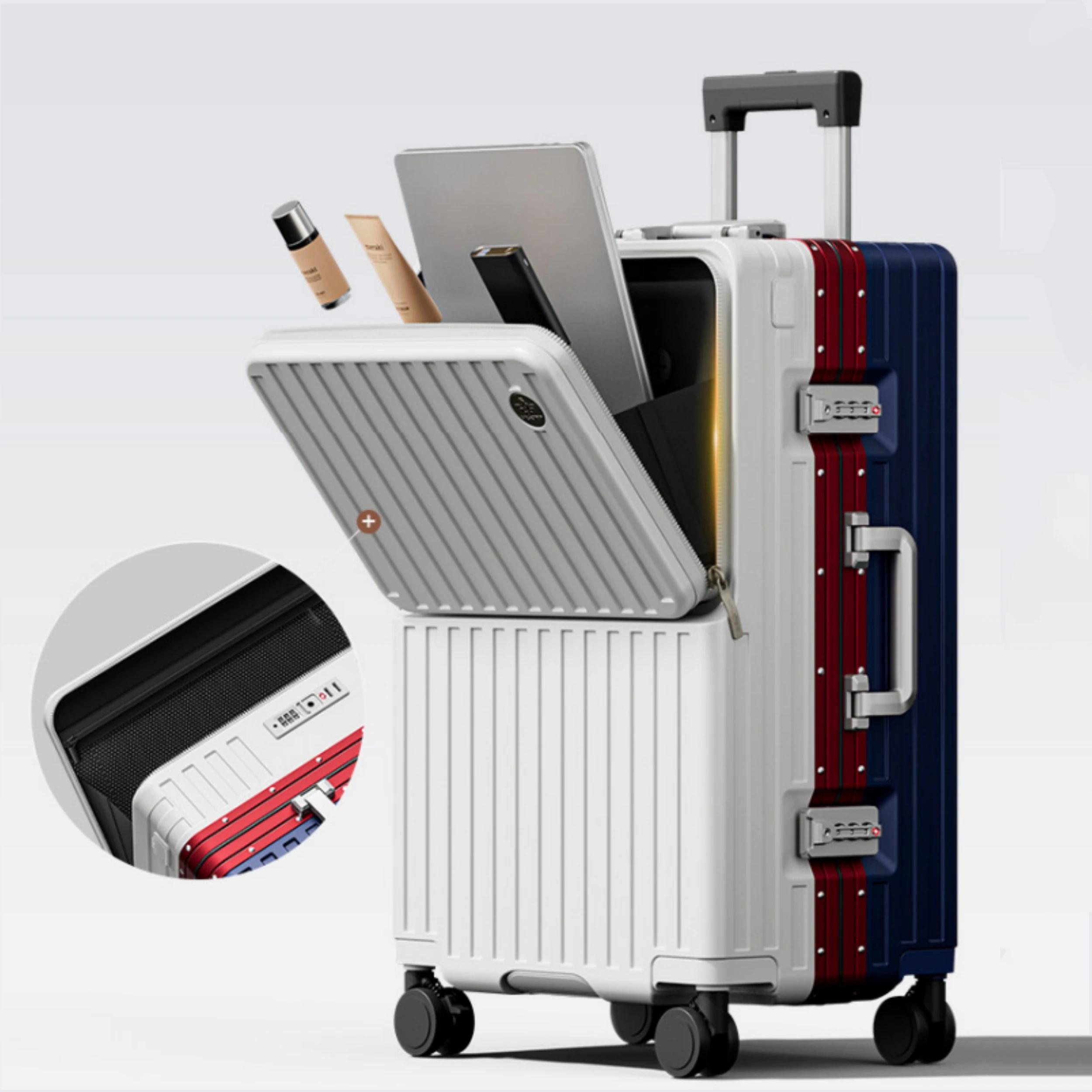 Valise à ouverture frontale en PC avec cadre en aluminium, serrure TSA, porte-gobelet et port de cha