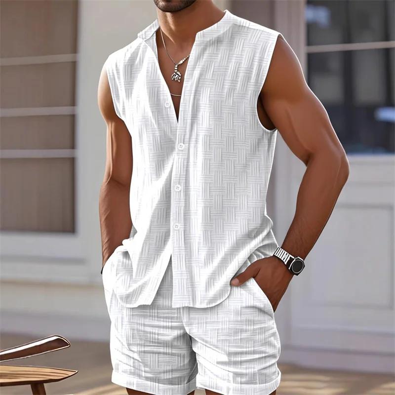 Ensemble deux pièces à carreaux pour hommes, chemise gilet, haut sans manches et short, short sans m