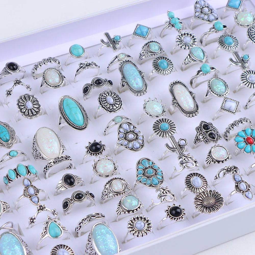 Bagues Vintage Boho en verre Turquoise pour femmes, 20/30 pièces/lot, mode Style vacances, Festival