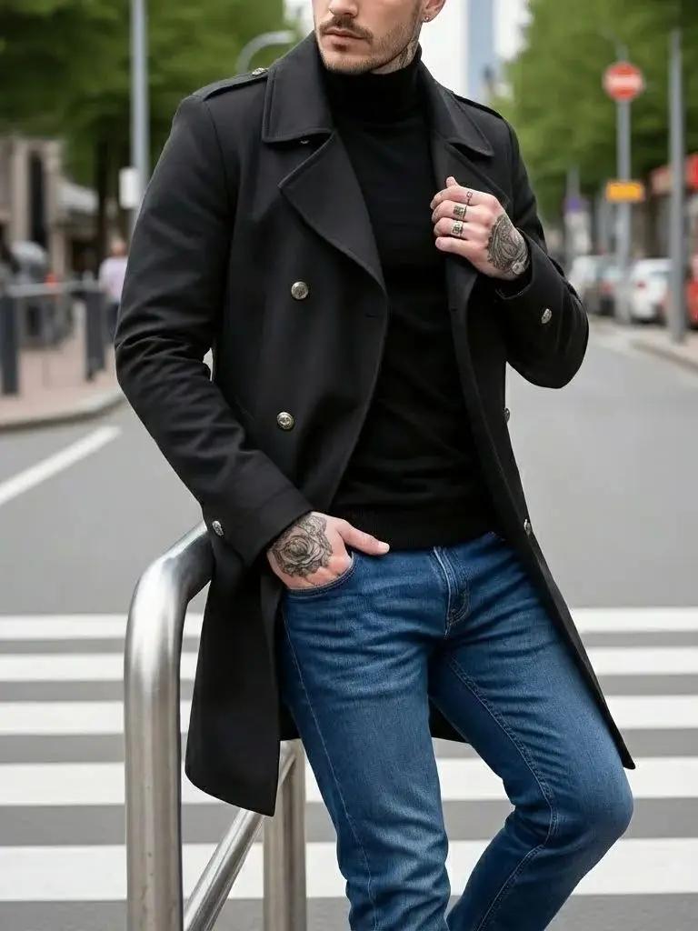 Veste-manteau à feuilles pour hommes début d'automne Plus laine épaisse, Double boutonnage décontrac