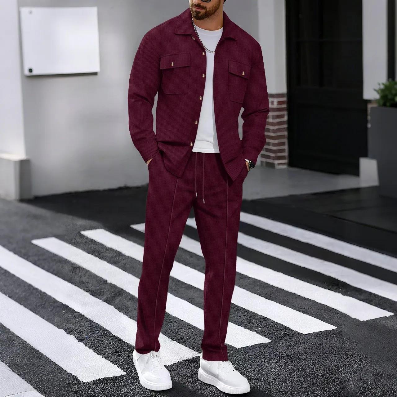 Ensemble chemise et pantalon cardigan boutonné à double poche, gaufré, manches longues, couleur unie