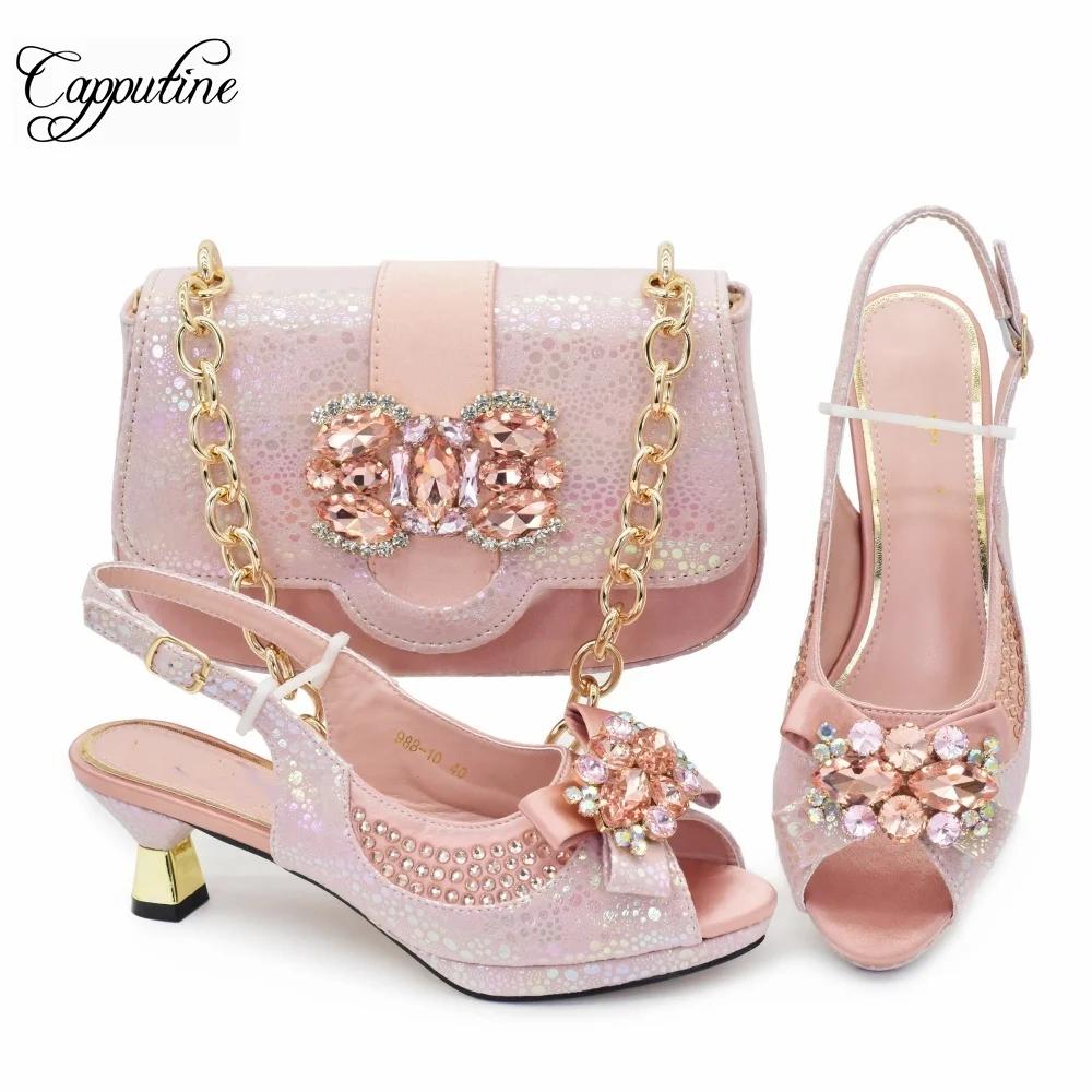 Ensemble de chaussures et sac pour femmes Peach, sandales à talons hauts pour femmes africaines, ass