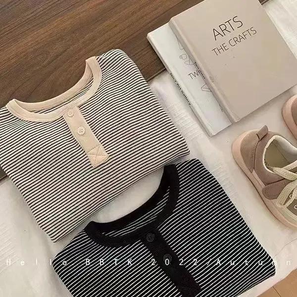 T-shirt à manches longues pour enfants, chemise à rayures coréennes pour garçons et filles, haut Sim
