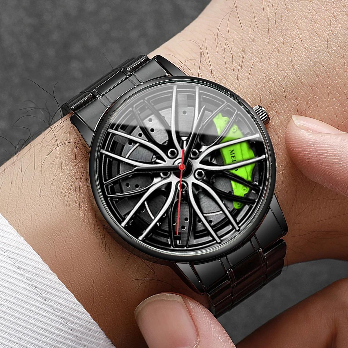 Mode hommes montres de sport 3d roue de voiture bracelet en acier inoxydable montre-bracelet hommes