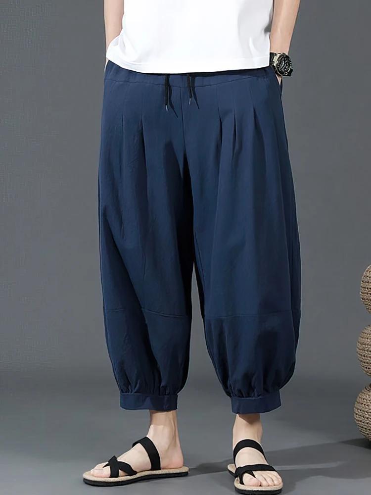 Short d'été en coton et lin pour hommes, Baggy, jambes larges, pantalon Capris décontracté, Sport, c