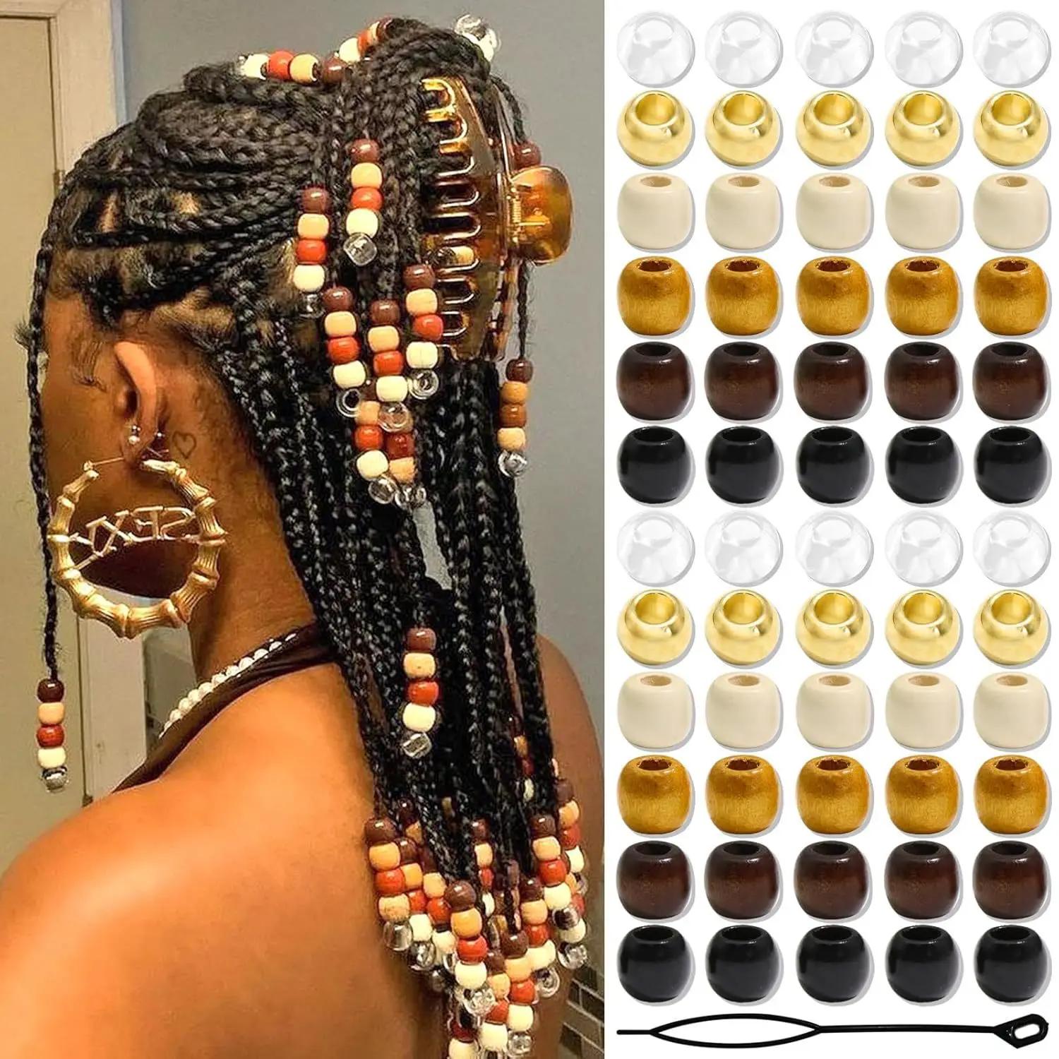 60 pièces de perles de cheveux transparentes + perles de dreadlock en bois avec ensemble d'outils de