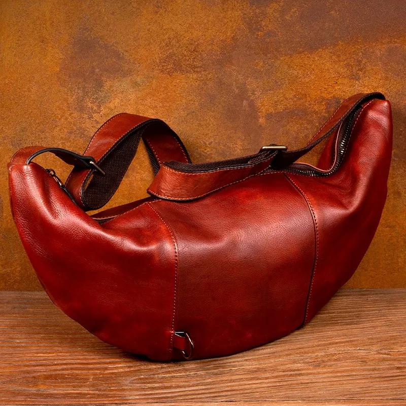 Sac de poitrine en cuir véritable fait à la main, sac à bandoulière décontracté, sac à bandoulière s