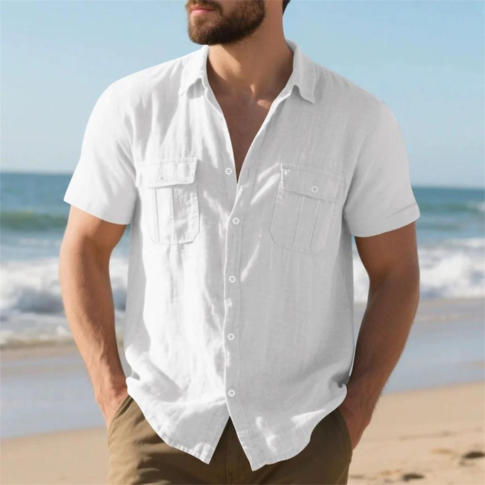 Chemise d'été à manches courtes en coton et lin pour hommes, Double poche, couleur unie, chemises Ca