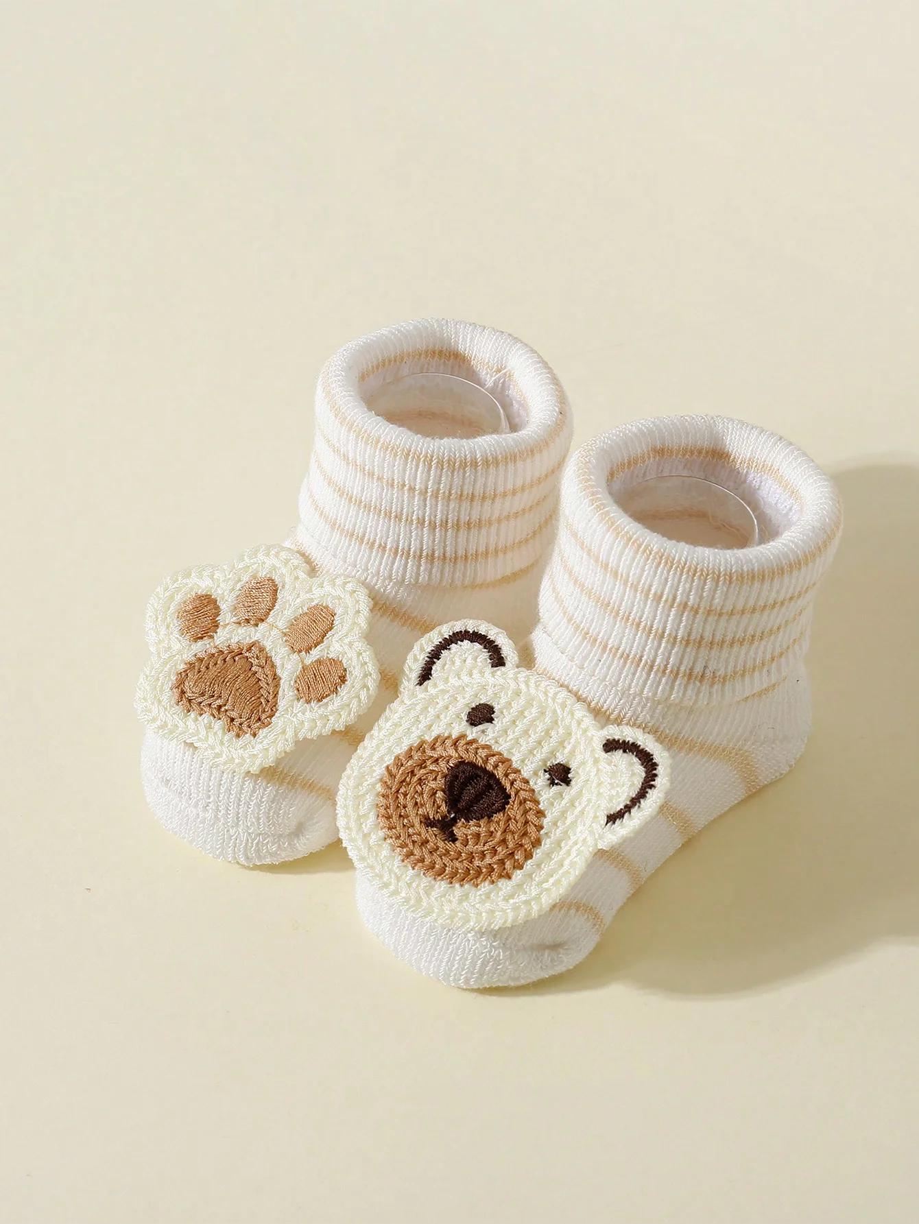 4 paires de chaussettes ours de dessin animé mignon pour bébé, chaussettes antidérapantes en coton d