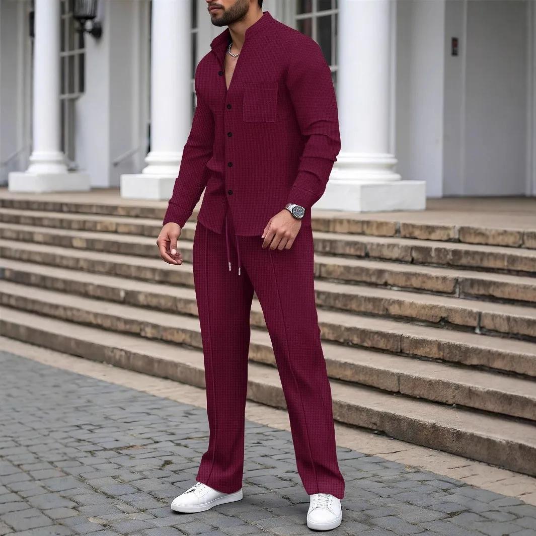 Nouveau costume d'automne pour hommes, chemise gaufrée à manches longues de couleur unie avec cardig