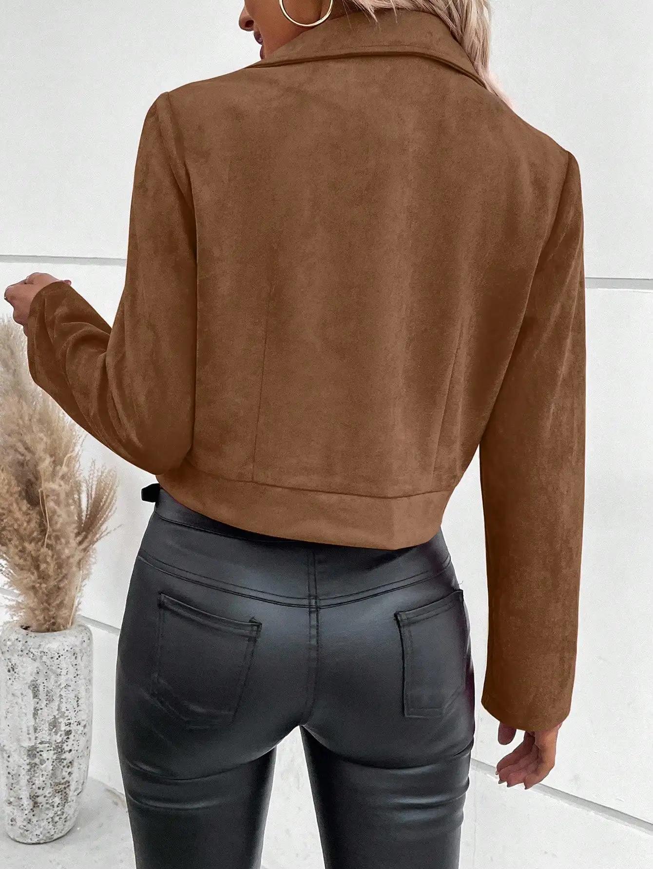 Faux daim femmes Jakcet fermeture éclair mouche revers boutons moto veste en cuir coupe-vent haute r