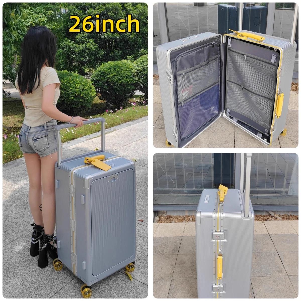 Valise à roulettes de poche à ouverture avant, cadre en aluminium, valise à roulettes à poignée larg