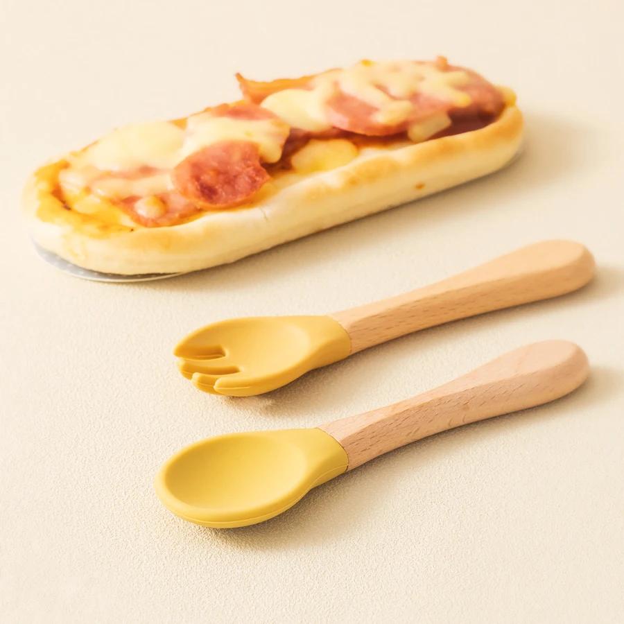 Ensemble d'ustensiles cuillères d'apprentissage pour bébé, 2 pièces, manche en bois de qualité alime