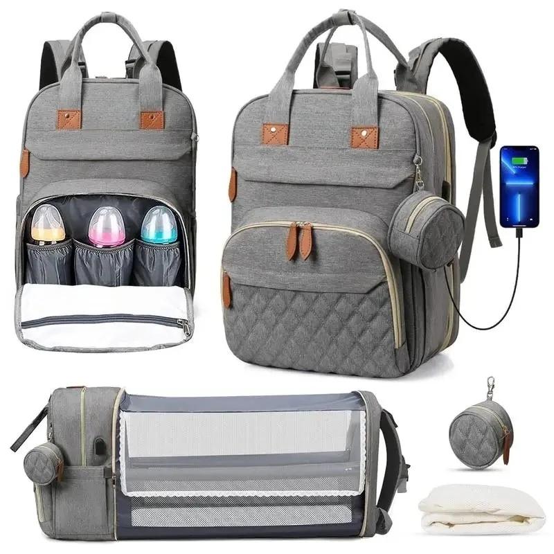 Sac à langer 3 en 1, sac à dos pliable, lit bébé, sac de voyage imperméable avec chargeur USB, sac à
