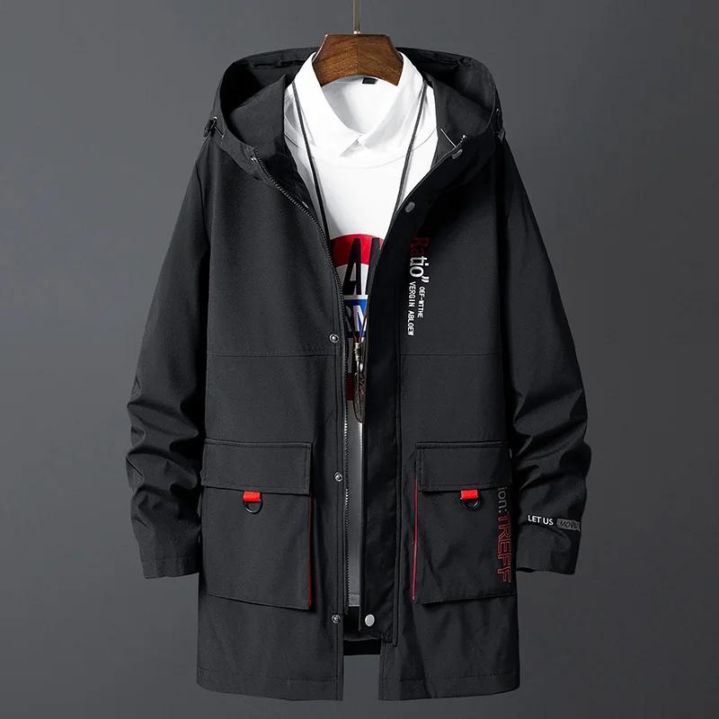 Veste coupe-vent noire surdimensionnée pour hommes, manteau long, mode coréenne, vêtements décontrac