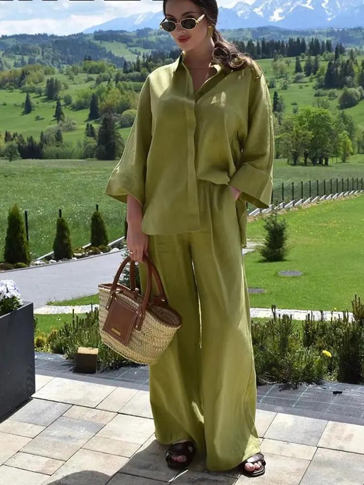 HH femmes décontracté solide Blouse pantalon ensembles ample à manches longues revers chemises taill