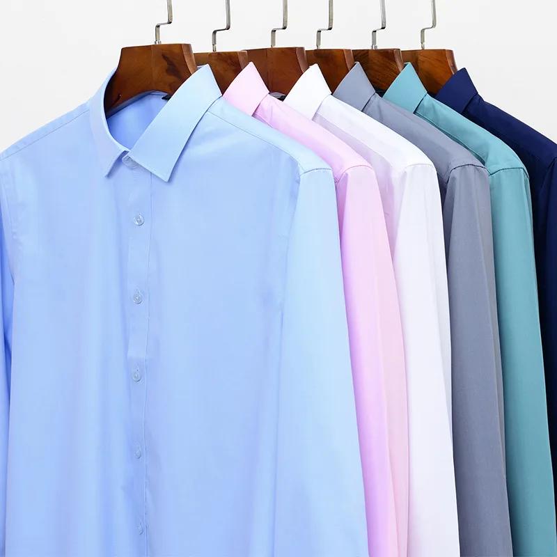 Chemise extensible en Fiber de bambou pour hommes, manches longues, Anti-rides, sans repassage, Slim