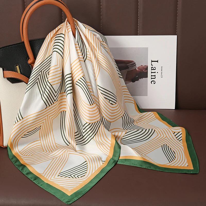 Foulard carré en Satin de soie imprimé de luxe pour femmes, châle Hijab, ruban pour cheveux, bandeau