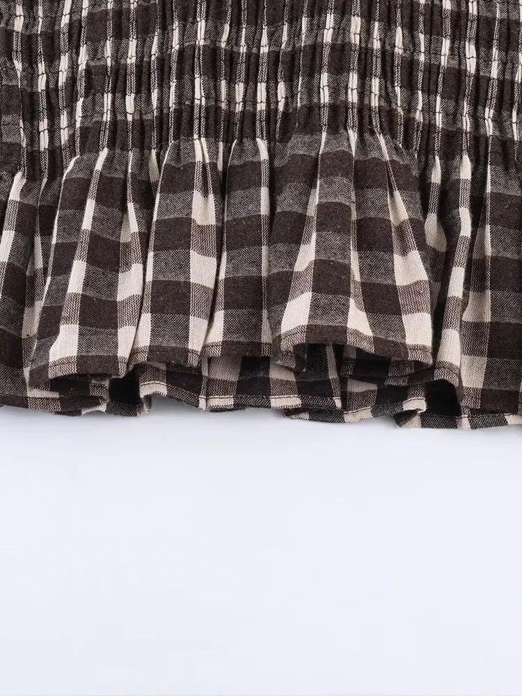 Nlzgmsj 2025 Vintage Chic marron chemises à carreaux femmes à manches longues Blouses pli mode décon