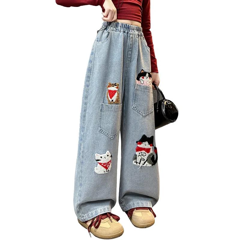 Printemps junior filles dessin animé jambe large jeans adolescents enfants serviette brodé chat deni