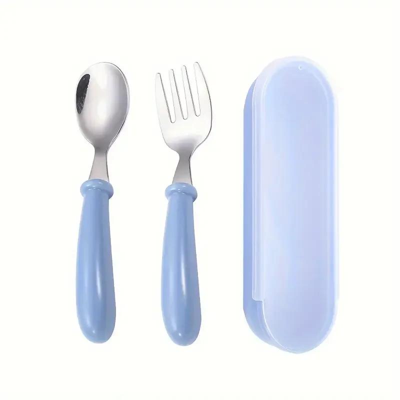 Ensemble de 2 couverts pour enfants en acier inoxydable, cuillère/fourchette, boîte adaptée aux couv