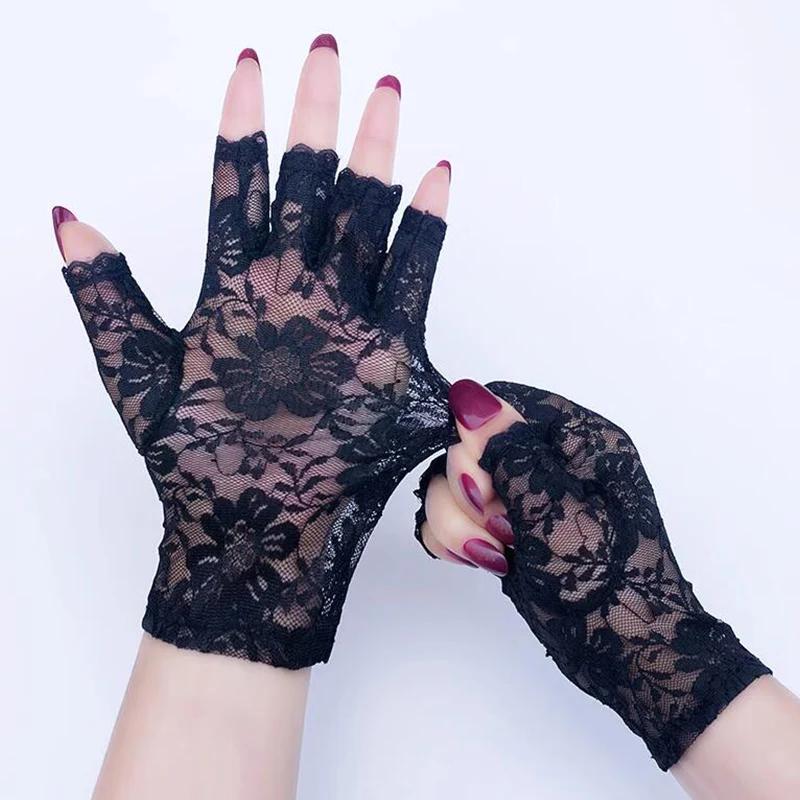Gants courts en dentelle pour femmes, demi-doigt, Protection solaire, sans doigts, décoration de mar