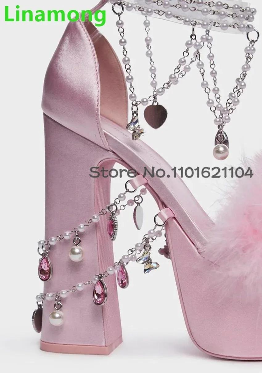 Sandales en cristal de fourrure rose pour femmes, design de luxe, talon carré, plate-forme, mode élé