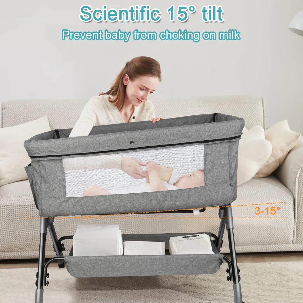 Lit Bébé jusqu'à 9 kg, Cododo Bébé, Réglage de la Hauteur 4 Hauteurs, Inclinaison, 4 Roulettes avec