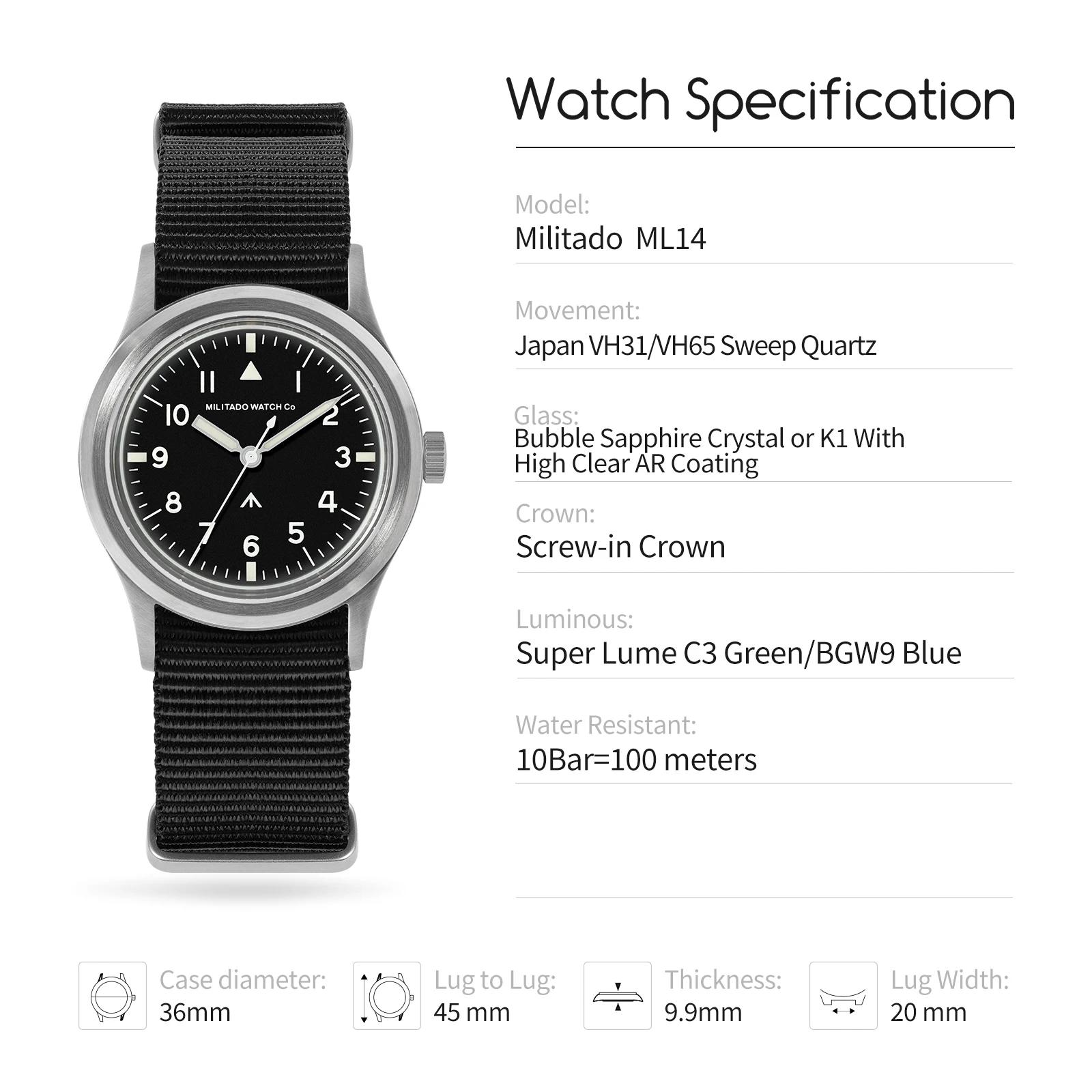 Militado ML14 36mm montre VH31 balayage deuxième mouvement à Quartz montre saphir cristal Super lumi