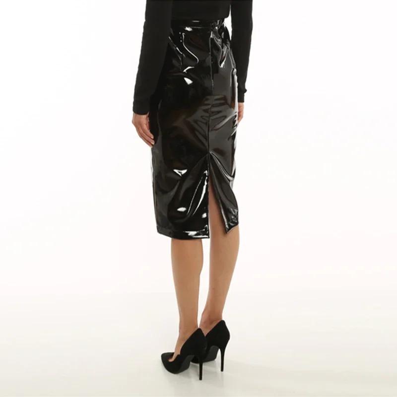 Jupe crayon en Faux Latex pour femme, taille haute, moulante, ourlet fendu, bureau, brillant, en cui