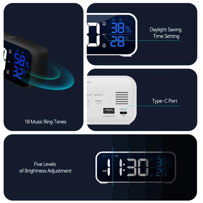 Réveil numérique de Table, horloge électronique avec température, humidité, jour de la semaine et do