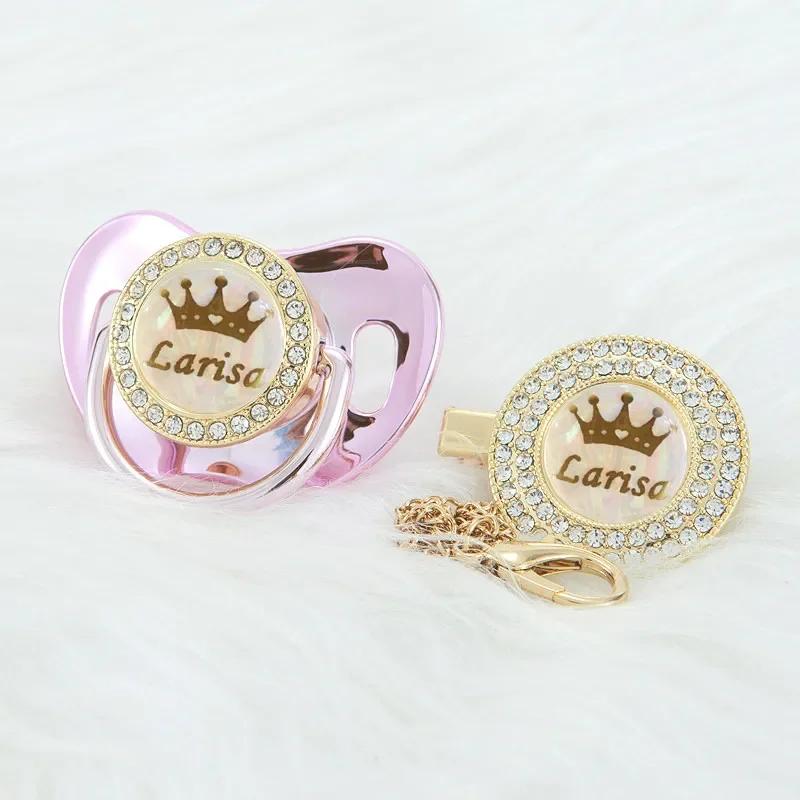 MIYOCAR-Ensemble de sucette et attache-tétine avec couronne en or rose scintillant, nom personnalisé