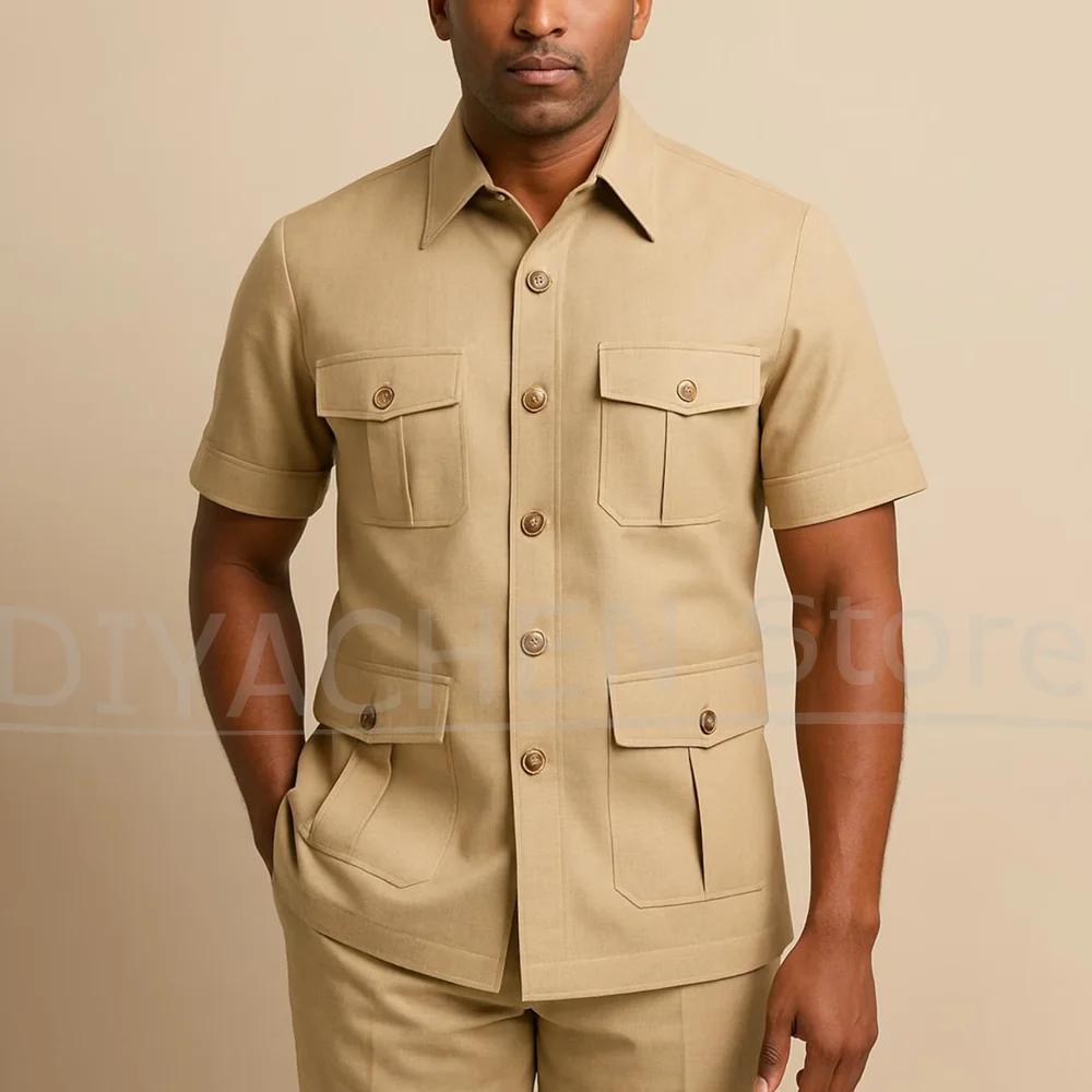 Ensemble de costume safari pour homme à manches courtes, 2 pièces, multi-poches, blazer et pantalon,
