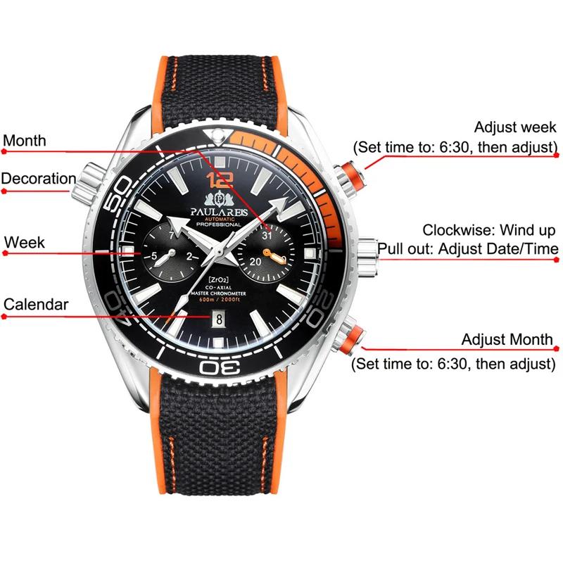 PAULAREIS P luxe hommes automatique auto vent montre mécanique pour hommes bracelet en caoutchouc ét