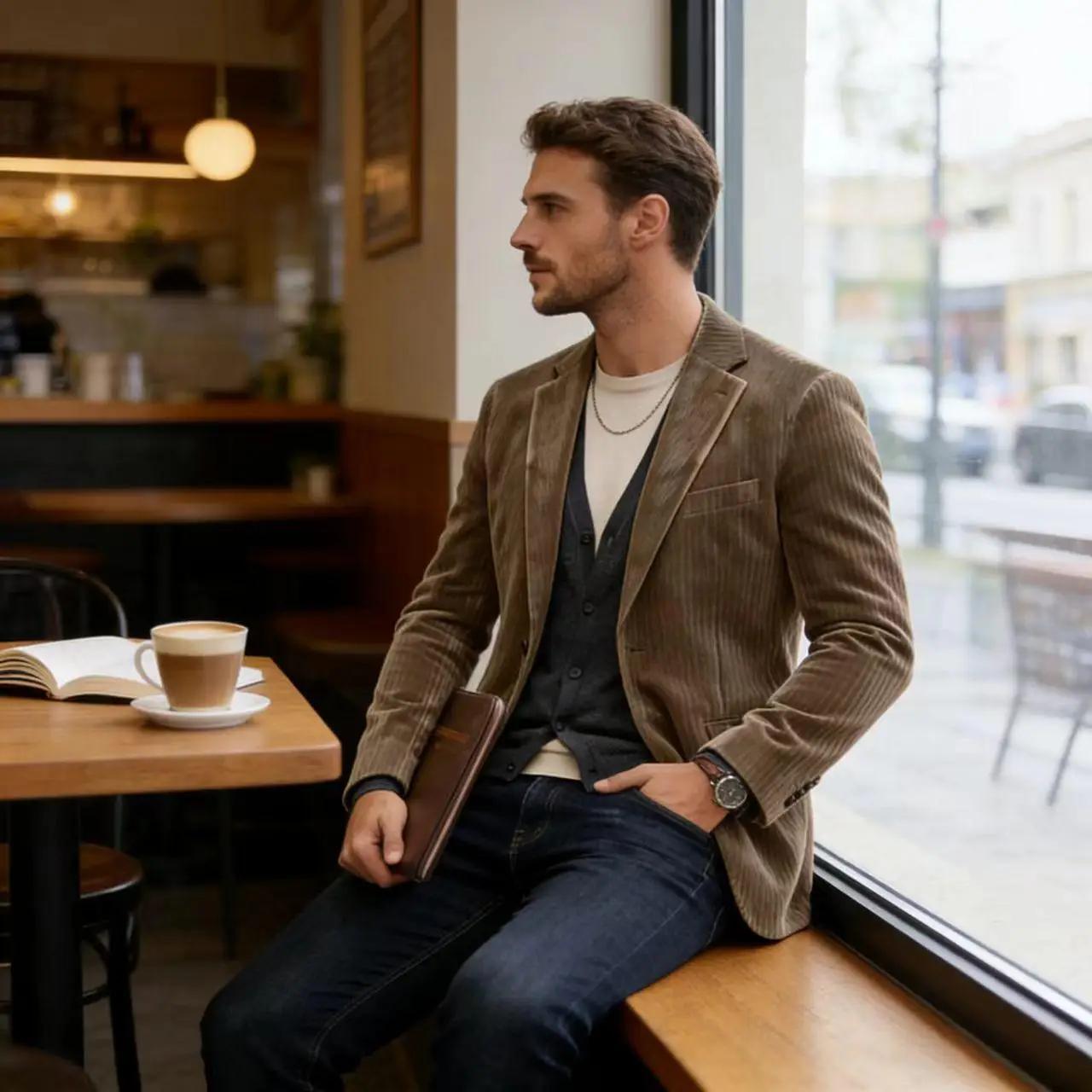 Blazer en velours côtelé pour homme, décontracté, double face, en coton, coupe ajustée, revers crant