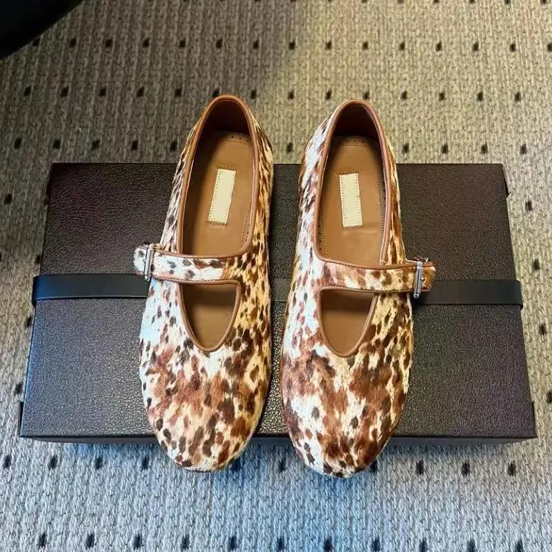 Chaussures plates Mary Jane en velours à bout rond de marque française, imprimé léopard, petites cha
