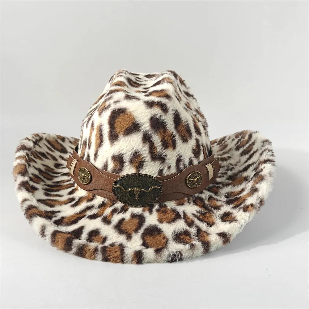 Chapeau de cowboy en fourrure de lapin imprimé léopard 7,5 cm Fedora de cowboy occidental pour homme