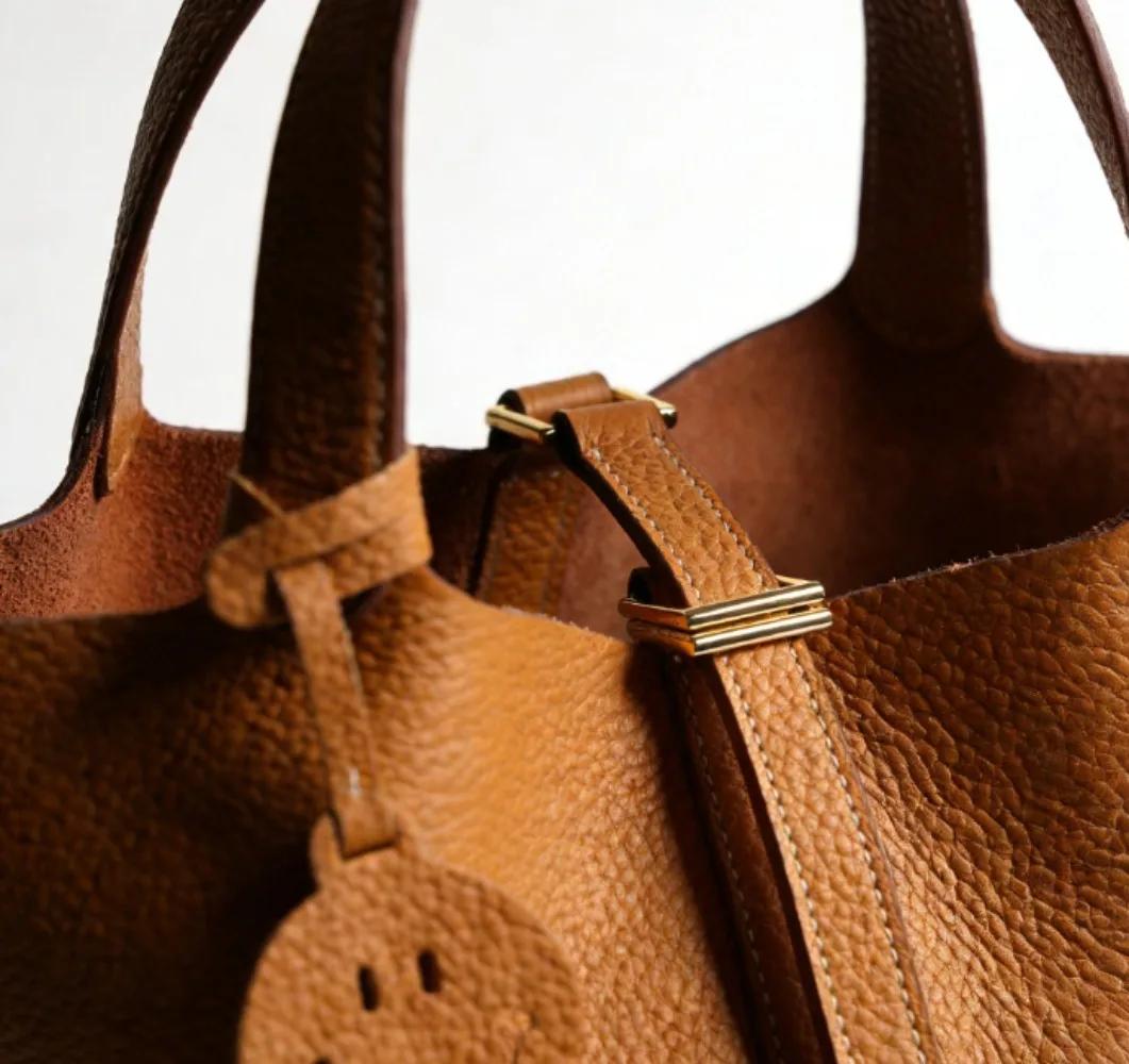 Sac panier à légumes en cuir de vache pour femmes, sac seau polyvalent à première couche, sac à main