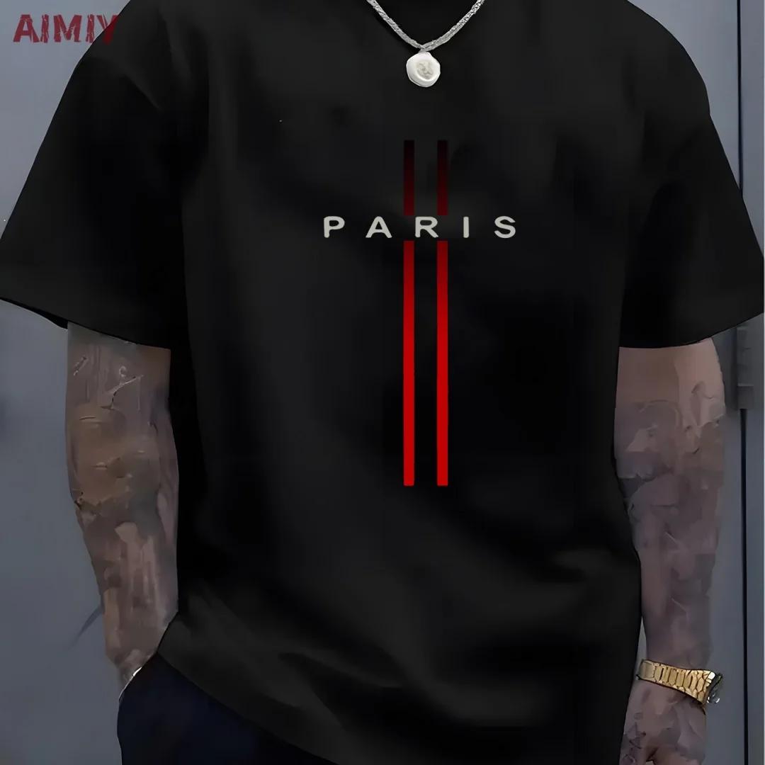 T-shirt à Manches Courtes et Col Rond pour Homme, Haut Décontracté, Imprimé de Lettres PARI, Été