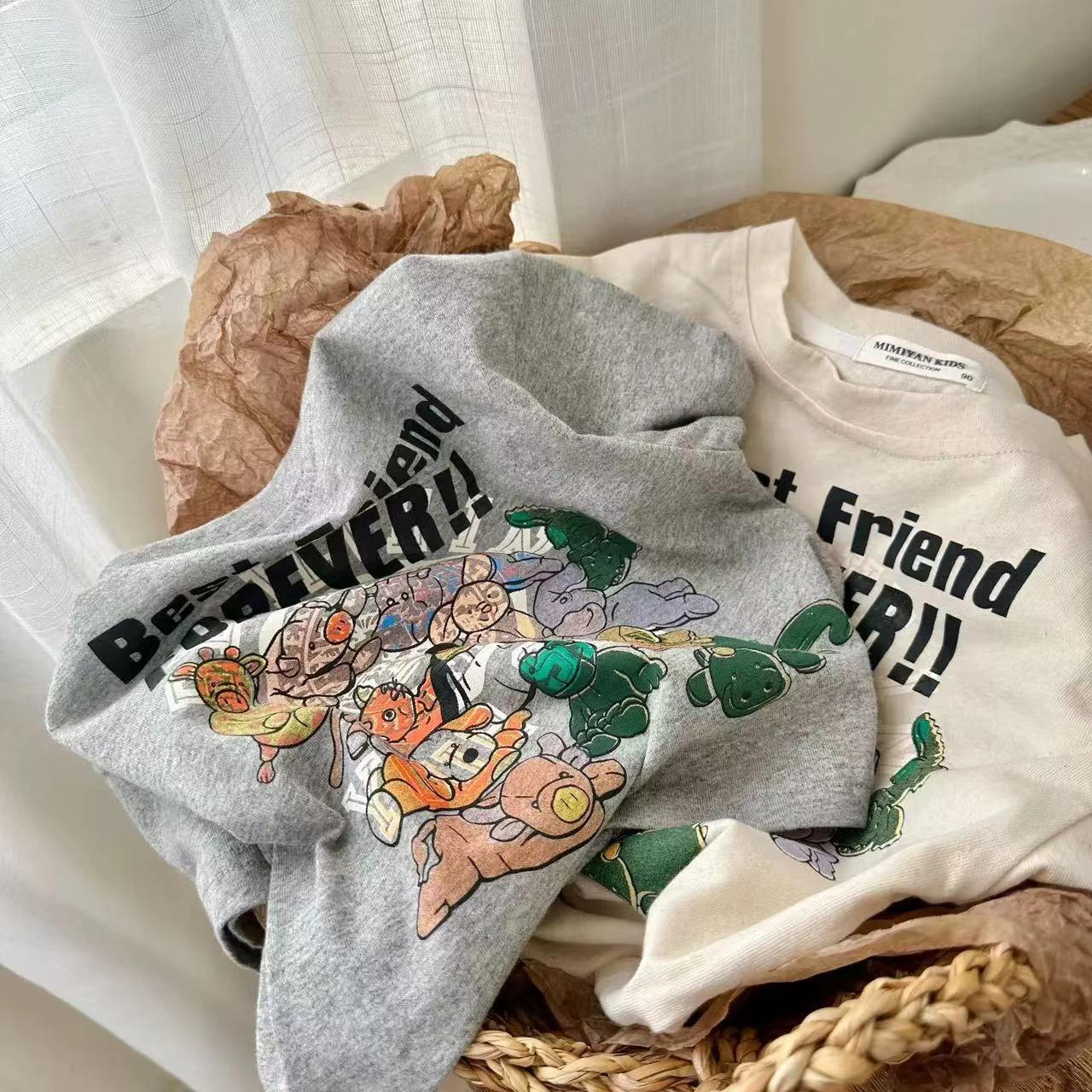 T-shirt d'été à manches courtes pour filles, ample, en coton, col rond, imprimé de dessin animé, 202