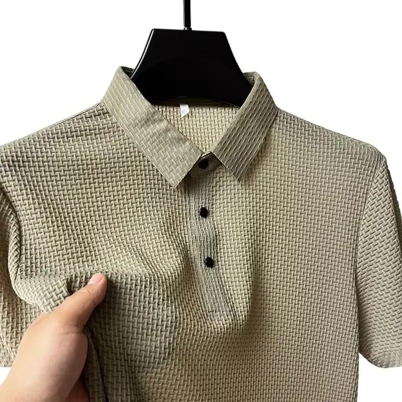 Nouveau T-shirt Polo d'été pour homme à manches courtes ajouré en soie glacée respirante, style prof