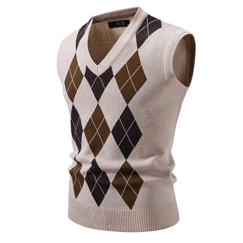 Nouveaux hommes Argyle tricots gilet col en V sans manches décontracté coupe ajustée pull tricoté pu