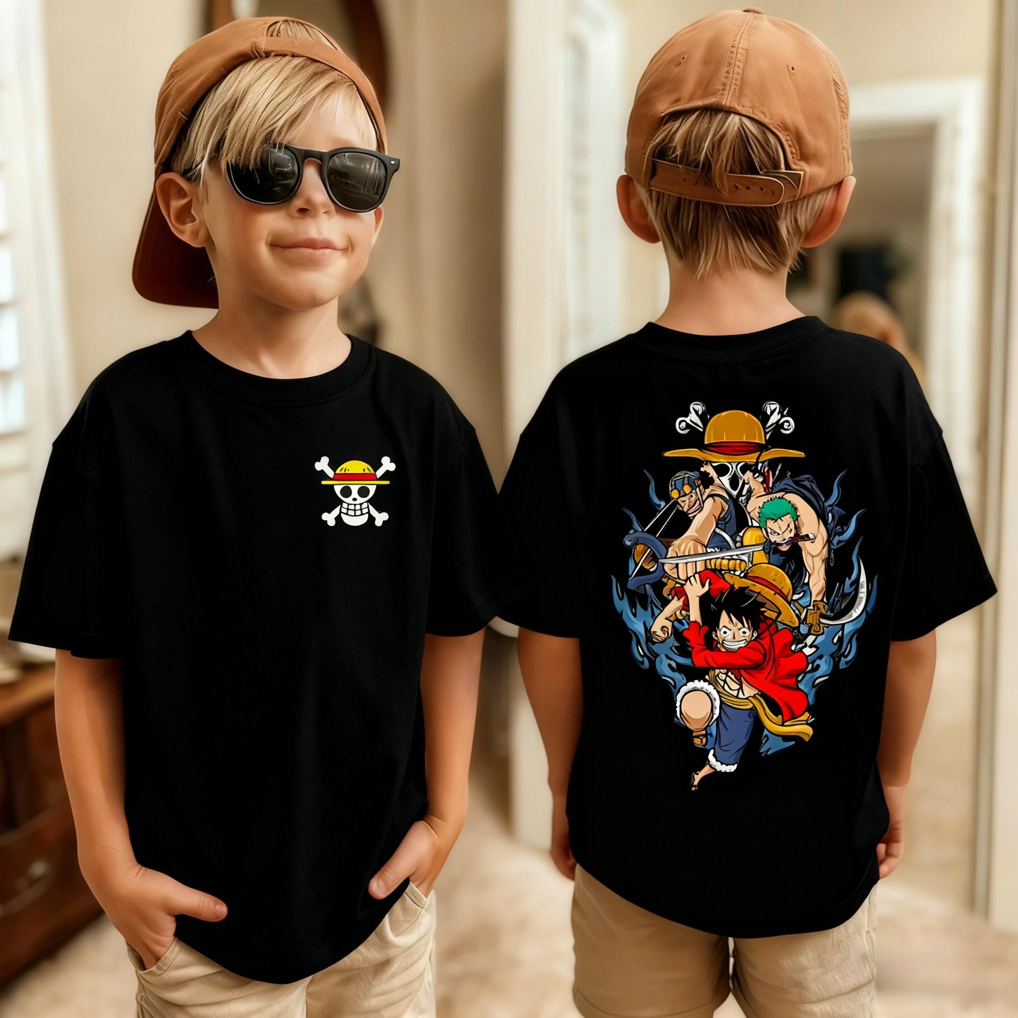 T-shirt imprimé One Piece pour filles et garçons, vêtements à manches courtes pour enfants, Luffy On