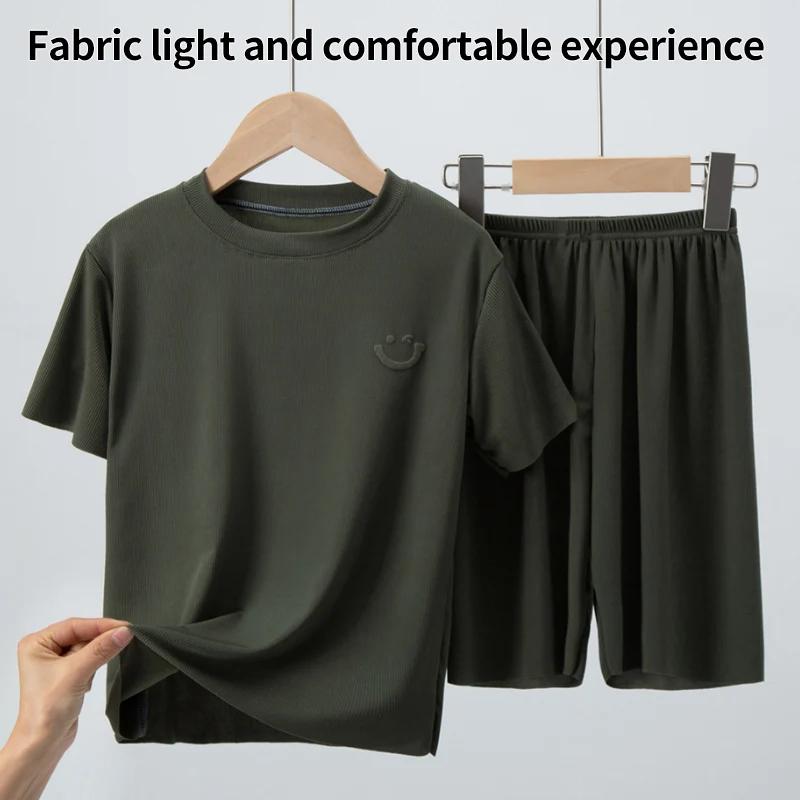 Pyjama en soie glacée pour enfants, objectifs fins à manches courtes d'été, ensemble 2 pièces de vêt