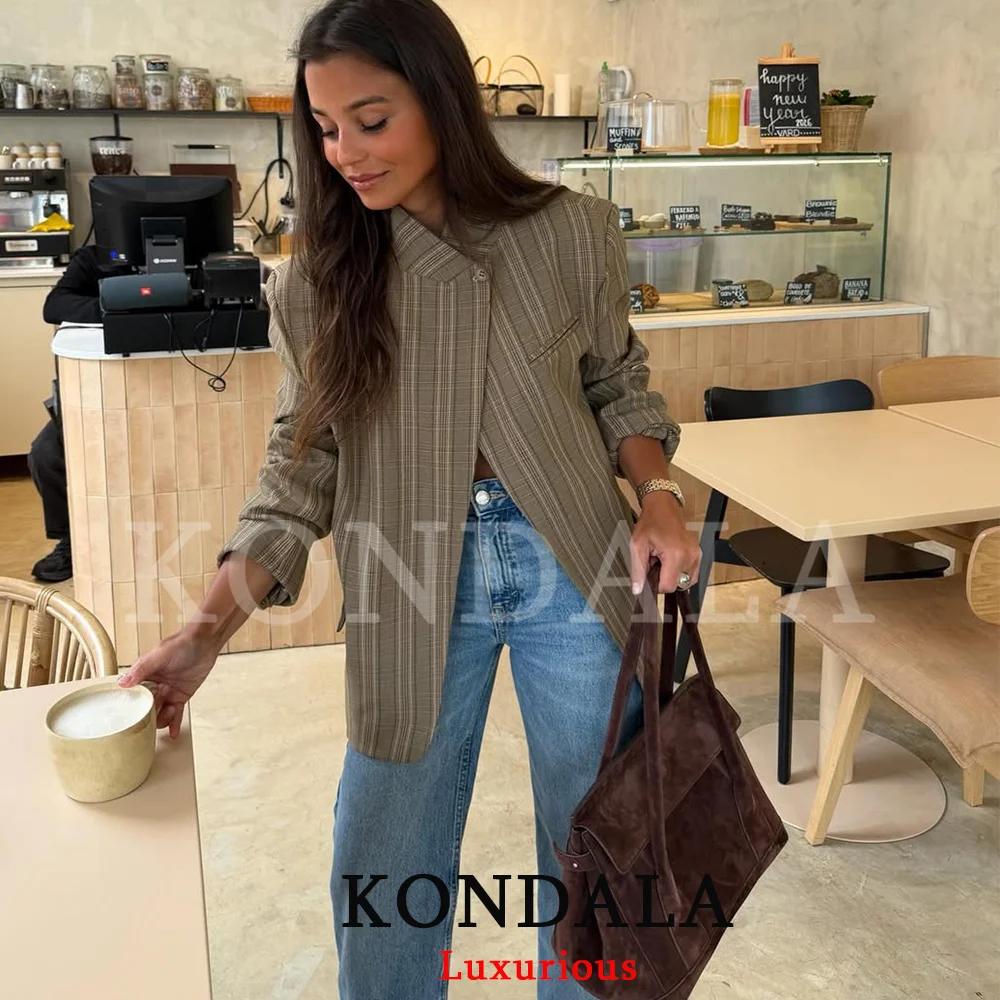 KONDALA Blazer Chic à Carreaux pour Femme, Coupe Oversize, Bouton Unique, Fente Avant, Tendance Prin